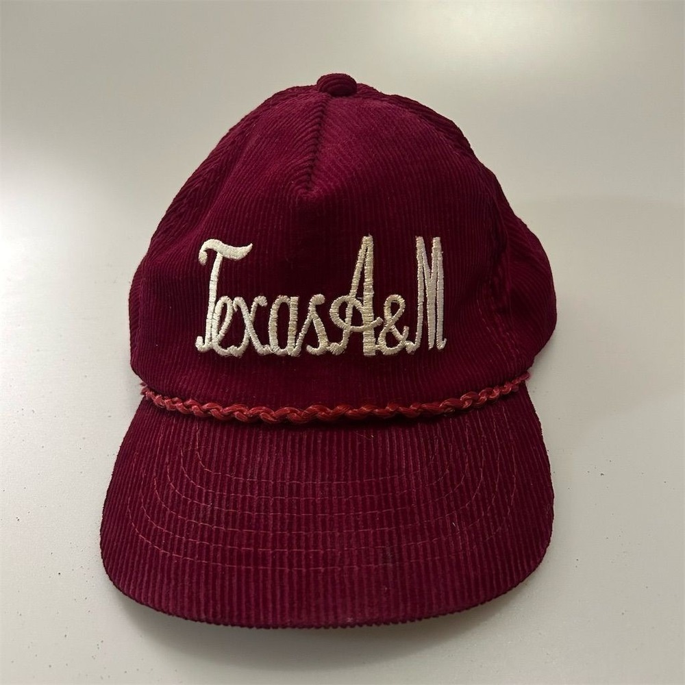 Vintage Texas A&M‎ Hat Cap Strap Back Maroon Red Aggies Corduroy Rope